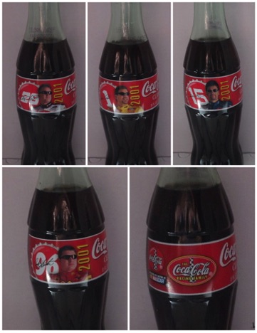 € 25,00 coca cola 5 flessen Nascar 2001 deel  nrs. 0489, 0490, 0491, 0494, 0482